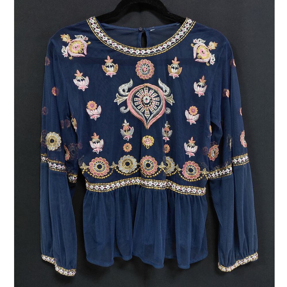ZARA Embroidered Boho Top Blue Long Neck Long Sleeve See Measurements